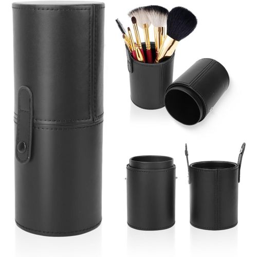 KAL-Porte-Pinceaux De Maquillage En Pu, Organisateur De Pinceaux De Maquillage Portable Cylindre Multifonctionnel Cosmétique Brosse Sac De Rangement Accessoire (Black)