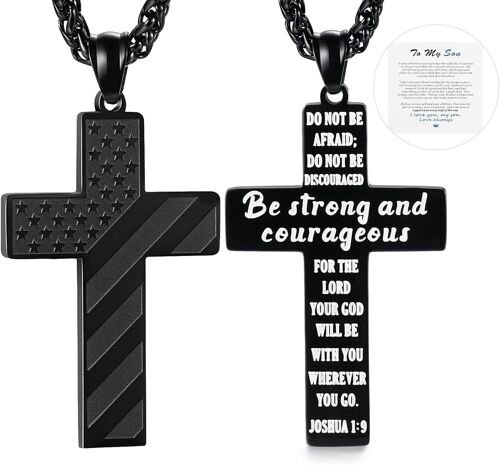 Kal-Collier Pendentif Croix Homme: Collier Garçon Adolescent Acier Inoxydable Pendentif Croix Chrétien Bible Versets Bibliques - Cadeau Anniversaire Garçon