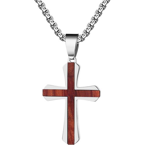 Kal-Collier Homme Acier Inoxydable: Pendentif Croix Christavec Bois Chaîne Réglable Religieux Bijoux Baptême Amulette De Protection - Cadeau Anniversaire Fêtes Des Pères