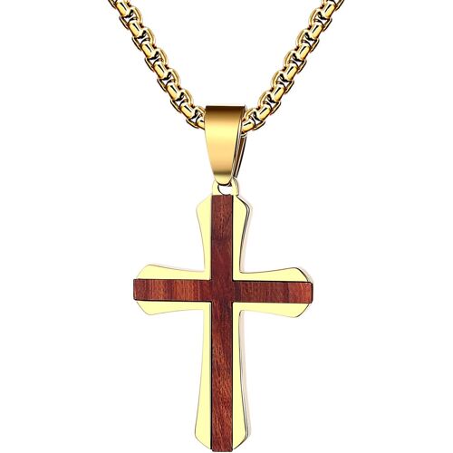 Kal-Collier Homme Acier Inoxydable: Pendentif Croix Christavec Bois Chaîne Réglable Religieux Bijoux Baptême Amulette De Protection - Cadeau Anniversaire Fêtes Des Pères
