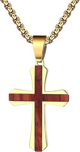 Kal-Collier Croix Pour Homme Avec Bois : Pendentif Croix Argent Or Chaîne En Acier Inoxydable Rétro Chaîne Croix Chaîne De Blé Bijoux Religieux Cadeau Pour Hommes Jeunes Amis