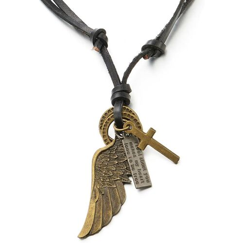 Kal-Style Rétro - Aile D'ange - Pendentif Collier Homme Femme - Avec Cordon En Cuir Réglable