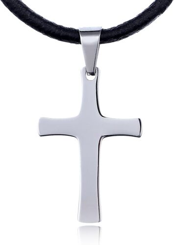 Kal-Collier En Cuir Avec Pendentif Croix En Acier Inoxydable Dans Une Pochette En Velours Noir.