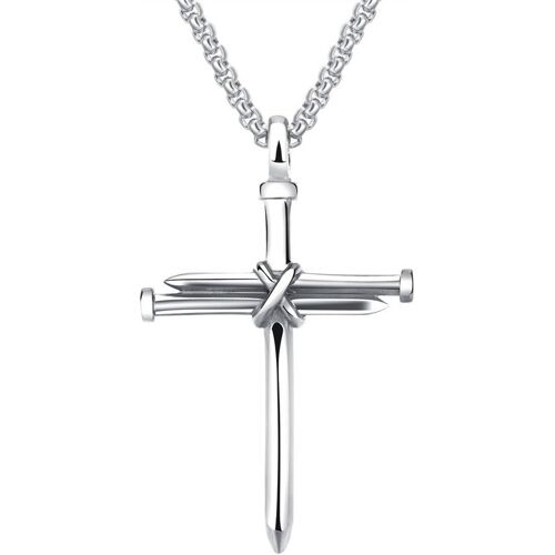Kal-Homme Acier Inoxydable Nail Croix Charme Pendentif Collier Chaîne