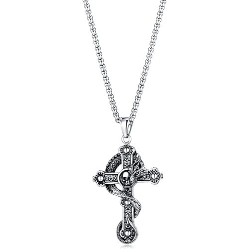 Kal-Chaînes En Acier Inoxydable Pour Homme Avec Croix Et Pendentif Dragon, Acier Inoxydable