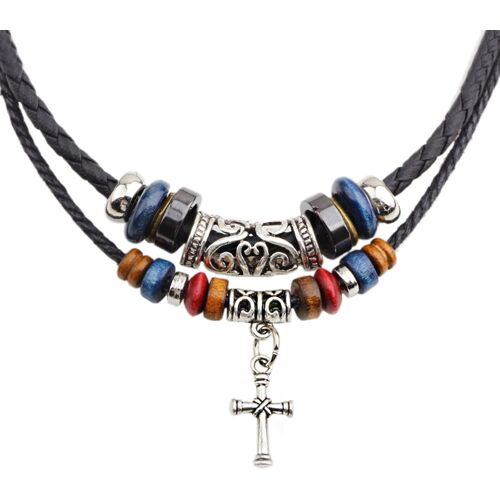 Kal-Collier En Cuir Tribal Pour Femme Et Homme - Style Bohème Vintage - Perles En Bois - Collier Ras Du Cou Pour Pendentif