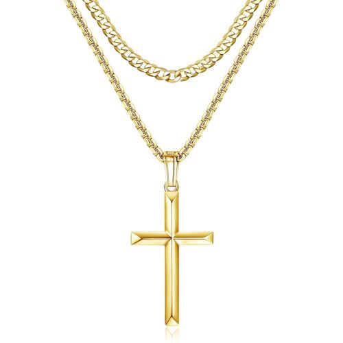 Kal-Argent Sterling 925 Croix Pendentif Stratifié Collier Pour Hommes Femmes Avec 5mm Solide Acier Inoxydable Bordure Chaîne Cubaine Round Chain Poli Biseauté Croix Chaîne Collier Bijoux 18-24cm