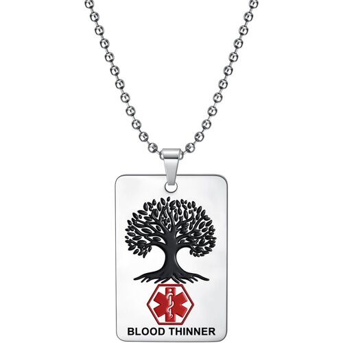 Kal-Collier Alarme Médicale Carte Carrée Pendentif Arbre De Vie Id Urgence Médicale Premiers Soins Mode Collier Acier Inoxydable Cadeaux Personnalisés Pour Hommes Et Femmes
