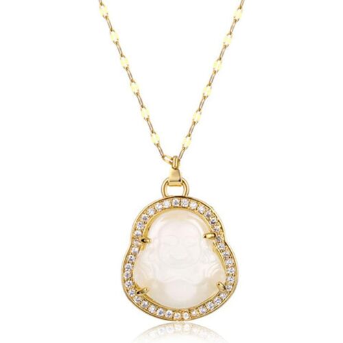 Kal-Collier Bouddha, Colliers À Pendentif Bouddha Rieur Chanceux Collier Bouddha En Jade Vert/Blanc Avec Chaîne Plaquée Or 18 Carats Bijoux Pour Femmes Hommes