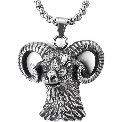 Kal-Imetaclii Acier Inoxydable Vintage Chèvre Tête Collier Pendentif Homme Femme - Biker Punk Rock - 75cm Chaîne De Blé - Unique
