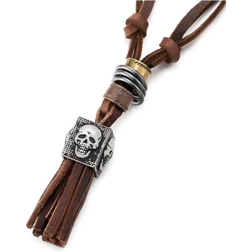 Kal-Crâne Long Brun Cuir Gland Collier Pour Homme Femme - Avec Cordon En Cuir Réglable
