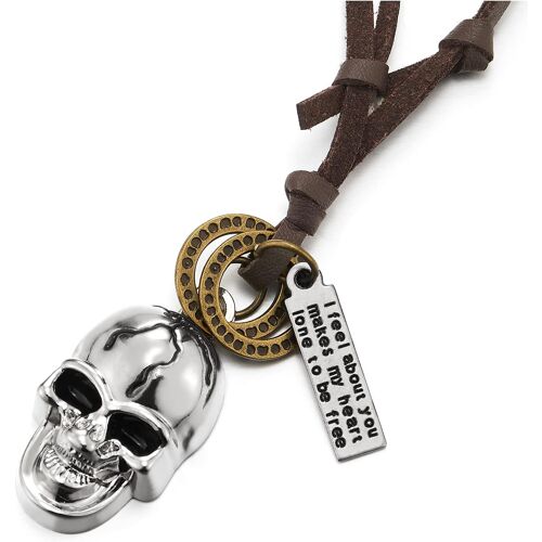 Kal-Rock Punk - Poli Fissure Crâne Pendentif Collier Homme Femme - Avec Brun Cordon En Cuir Réglable