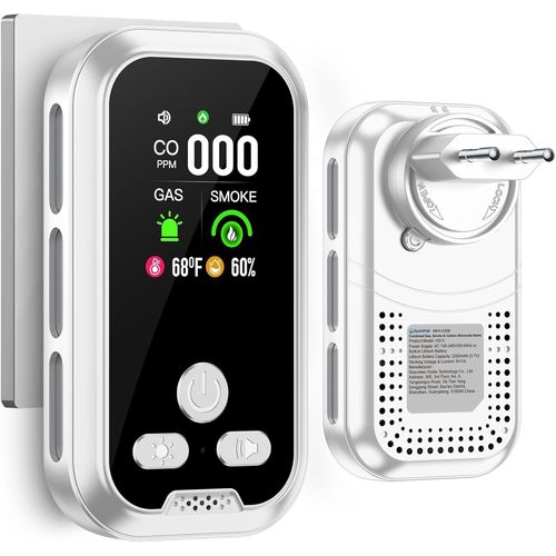 Plug in 5en1 Detecteur de fumée Détecteurs Monoxyde de Carbone Détecteur de Gaz Combo avec Batterie 2000mah & HD 2.1'' L'écran [Co Fumee Temp Moisture Monitor] pour Familial, Blanc