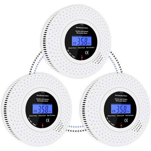 Détecteur de Fumée et de Monoxyde de Carbone interconnecté sans Fil, Détecteurs de Fumée pré-connectés, Pile AA remplaçable Incluse, Alarme pour Fumée et CO avec écran LCD, Lot de 3