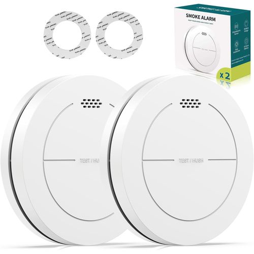 Detecteur de fumée, Batterie de 10 Ans, sans LED Clignotante, Fonction muet, avec tampons adhésifs, Son d'alarme de 85 DB, Alarme Incendie Plate, 2 Pack
