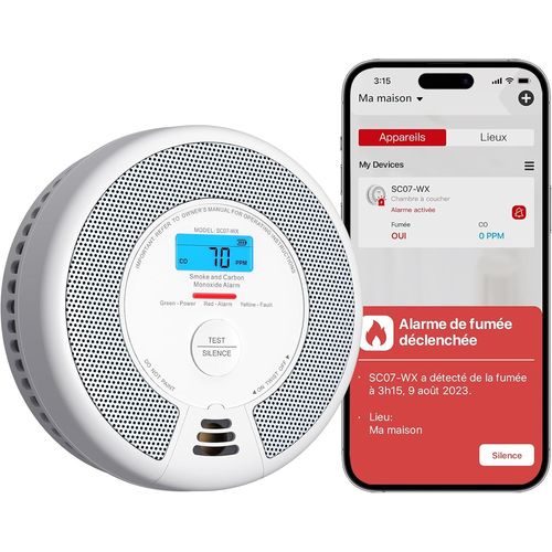 Détecteur de Fumée et de Monoxyde de Carbone Connecté avec Batterie Remplaçable, Détecteur Intelligent Compatible avec Home Security App, SC07-WX, Lot de 1