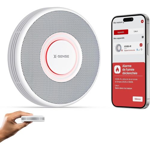 Détecteur de Fumée Connecté Wi-FI, Alarme Incendie avec Alertes Vocales en Français, 17 Emplacements, Batterie Remplaçable, Épaisseur 33 mm, XS0B-iR, Lot de 1