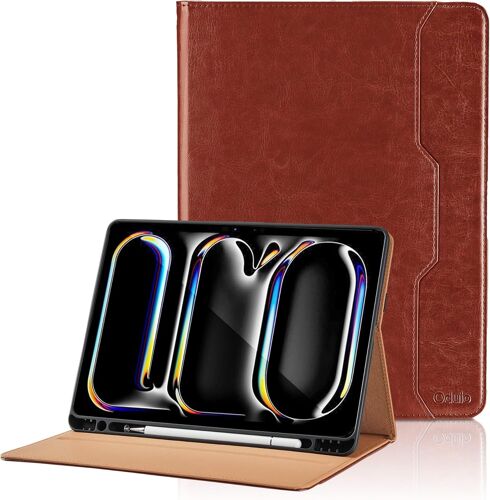 KAL-Coque Compatible Avec Ipad Pro M4 2024 11 Pouces Étui Cover En Pu Tablette Avec Poche Et Porte-Stylo, Flip Portefeuille Housse Avec Protection Auto Réveil/Sommeil, Fonction Support (Marron)