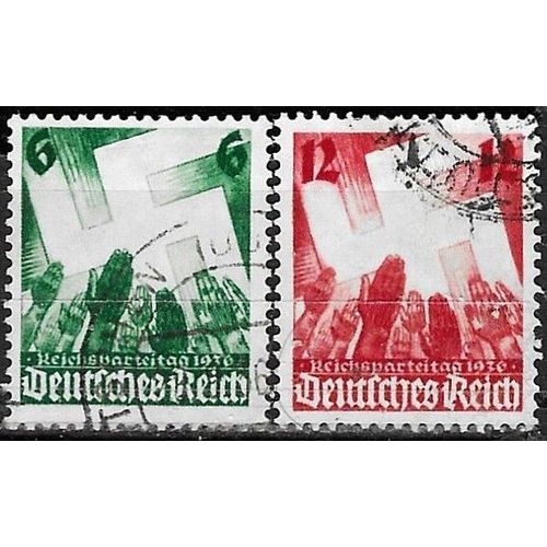 Allemagne, 3ème Reich 1936, Beaux Timbres Yvert 580 581, 8ème Congrès Du Parti Nazi, Filigrane Croix Gammées, Oblitérés, Tbe.