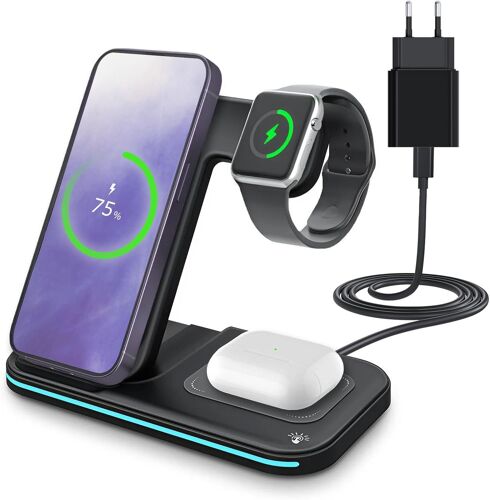 Chargeur sans Fil pour iPhone, Apple Watch et AirPods par - 15W Support de Charge sans Fil 3 en 1 pour MagSafe - Station d'accueil pour Charge Rapide - Adaptateur 20W Inclus - Noir