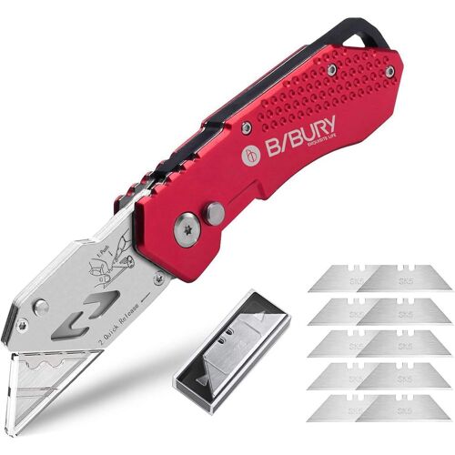 SUBZONAL-BIBURY Cutter Professionnel Pliant, Couteau de Poche avec 10 SK5 Lames Supplémentaire, Couteau Professionnel en Acier inoxydable fourni Bouton de Déclenchement Rapide et Poignée Ergonomique