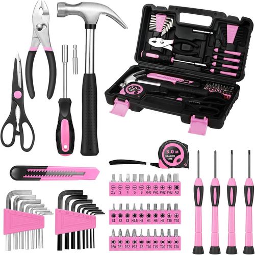 Kit d'outils de réparation de base rose de 57 pièces pour la maison,petit kit d'outils à main avec boîte à outils en plastique pour femmes,bureau et université