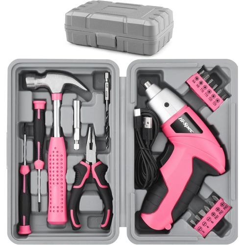 Kit d'outils 19 pièces,tournevis électrique 3,6V rose USB,kit de bricolage à domicile. Tournevis sans fil et rechargeable,avec boîte à outils compacte