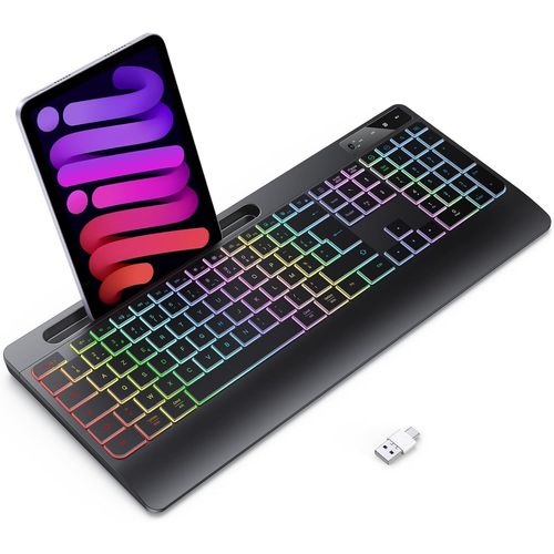 Clavier sans Fil avec Repose-Poignet- Gaming Clavier Ordinateur Silencieux Rétroéclairé,AZERTY USB Clavier Ergonomique 2.4G Rechargeable pour Windows,Mac,PC