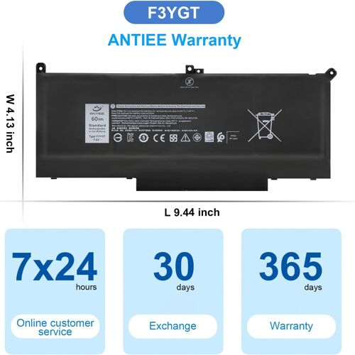 F3YGT Laptop Batterie pour Dell Latitude 12 7000 7280 7290 Latitude 7380 7390 7480 7490 E7480 E7280 Notebook 0F3YGT DM3WC DM6WC 0DM3WC 2X39G KG7VF V4940 451-BBYE 7.6V 60Wh
