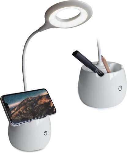 ® Touch USB Lampe de bureau LED Lampe de table avec porte-stylo et support pour téléphone portable USB et piles Blanc