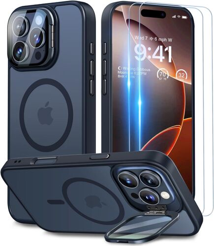 SJZG-Pour Coque Iphone 16 Pro Max, Compatible Avec Magsafe, Protection De Caméra Case [Metal Béquille+2 Protection Écran] Militaire, Résistant Aux Rayures,Translucide Noir