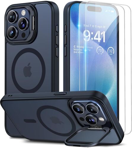 ERSHI-pour Coque iPhone 15 Pro, Compatible avec MagSafe, Magnétique Case [Metal Béquille+2 Protection Écran] Militaire Protection,[2764]