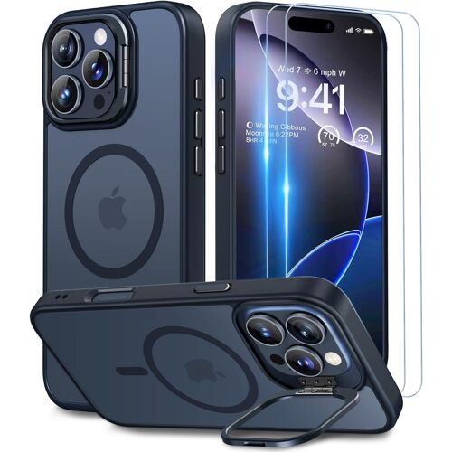 TRAHOO-pour Coque iPhone 16 Pro, Compatible avec MagSafe, Magnétique Case [Metal Béquille+2 Protection Écran] Militaire Protection, Résistant Aux Rayures,Translucide Noir