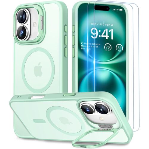 TRAHOO-pour Coque iPhone 16, Compatible avec MagSafe, Magnétique Case [Metal Béquille+2 Protection Écran] Militaire Protection, Résistant Aux Rayures,Translucide Vert