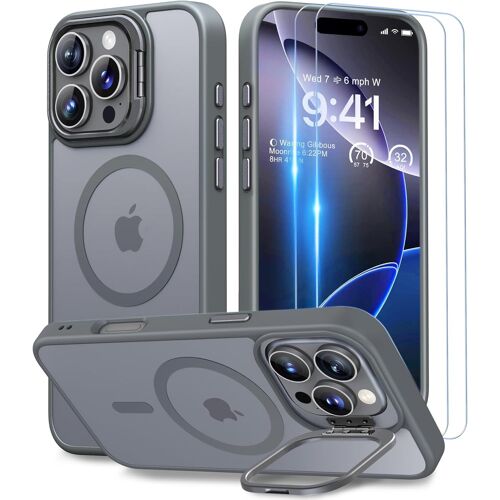 TRAHOO-pour Coque iPhone 16 Pro, Compatible avec MagSafe, Magnétique Case [Metal Béquille+2 Protection Écran] Militaire Protection, Résistant Aux Rayures,Translucide Gris