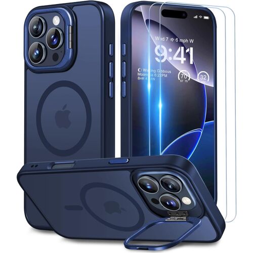 KALANKA-pour Coque iPhone 16 Pro, Compatible avec MagSafe, Magnétique Case [Metal Béquille+2 Protection Écran] Militaire Protection, Résistant Aux Rayures,Translucide Bleu
