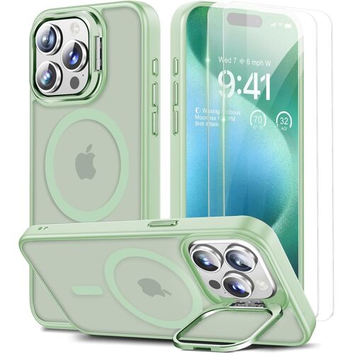 LORANKA-pour Coque iPhone 15 Pro, Compatible avec MagSafe, Magnétique Case [Metal Béquille+2 Protection Écran] Militaire Protection, Résistant Aux Rayures,Translucide Vert