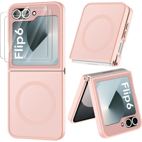 SJZG-Coque Magnétique Pour Samsung Z Flip 6/Z Flip 7 Fe Compatible Avec Mag-Safe, Avec 2 Verre Trempé, Antichoc Rigide Translucide Mat Arrière Coque Pour Z Flip 7 Fe/Z Flip 6, Rose Clair