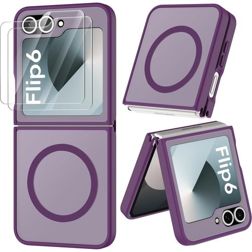 Coque Magnétique Pour Samsung Z Flip 6/Z Flip 7 Fe Compatible Avec Mag-Safe, Avec 2 Verre Trempé, Antichoc Rigide Translucide Mat Arrière Coque Pour Z Flip 7 Fe/Z Flip 6, Violet Foncé