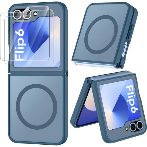 Coque Magnétique Pour Samsung Z Flip 6/Z Flip 7 Fe Compatible Avec Mag-Safe, Avec 2 Verre Trempé, Antichoc Rigide Translucide Mat Arrière Coque Pour Z Flip 7 Fe/Z Flip 6, Bleu Marine