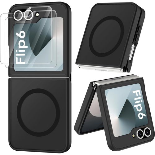 Coque Magnétique Pour Samsung Z Flip 6/Z Flip 7 Fe Compatible Avec Mag-Safe, Avec 2 Verre Trempé, Antichoc Rigide Translucide Mat Arrière Coque Pour Z Flip 7 Fe/Z Flip 6, Noir
