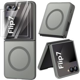 TZF-Coque Magnétique pour Samsung Z Flip 7 Compatible avec Mag-Safe, avec 2 Verre Trempé, Antichoc Rigide Translucide Mat Arrière Coque pour Samsung Galaxy Z Flip 7, Gris