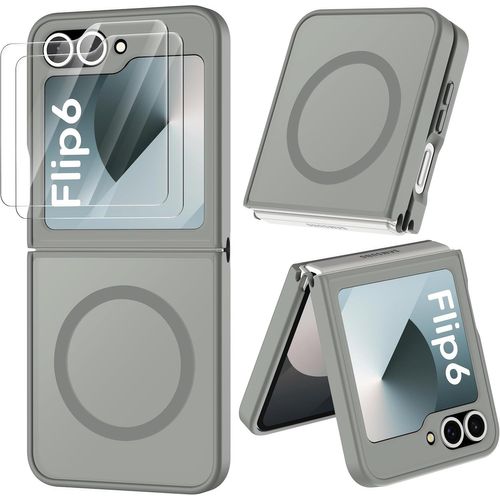 SJZG-Coque Magnétique Pour Samsung Z Flip 6/Z Flip 7 Fe Compatible Avec Mag-Safe, Avec 2 Verre Trempé, Antichoc Rigide Translucide Mat Arrière Coque Pour Z Flip 7 Fe/Z Flip 6, Gris
