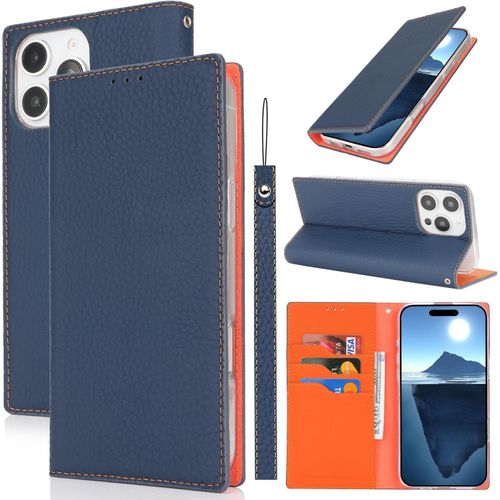 Tianyi-Coque Compatible Avec Iphone 16 Pro Max Etui Avec Cordon,Cuir Véritable Flip Portefeuille Étui En Cuir,[3 Porte Cartes][Magnetique][Rfid Blocker],Housse Etui - Bleu Foncé