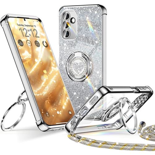 TZF-Coque pour Samsung Galaxy A16 5G Con Cordon, Mignonne et Luxueuse, Double Anneau Motif Coeur d'amour pour Femmes et Filles, Pailleté Souple Coque Samsung A16 5G, Argent