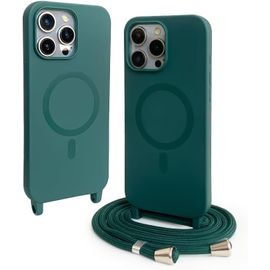 Kalanka-Coque Compatible Avec Iphone 15 Pro Max(6.7""),Coque Magnétique Compatible Avec (Magsafe).Collier Pourcorde Silicone Complète Cover De Iphone 15 Pro Max(6.7"")-Vert Encre