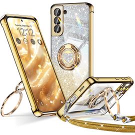 Coque Pour Samsung Galaxy S21 Fe Con Cordon, Mignonne Et Luxueuse, Double Anneau Motif C?ur D'amour Pour Femmes Et Filles, Pailleté Souple Coque Samsung S21 Fe, Or