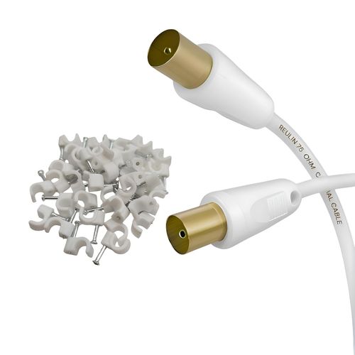2 m de long 3C2V Câble d'antenne TV mince doré Mâle - Femelle avec pinces 2m - câble coaxial d'antenne Blanc 75 OHM 2.0 mètres
