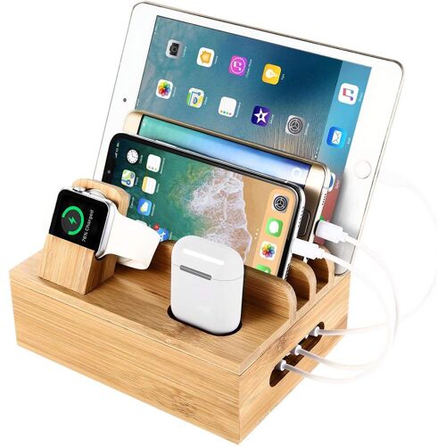 Station de Charge en Bambou - Organiseur de Bureau pour plusieurs appareils - Compatible avec téléphone Portable/Tablette/Apple Watch/Airpods - USB-C - Noir