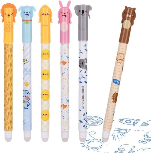 6 Pièces Stylo Effacables, Kawaii Stylo Effacable Animaux, Pour Bureau, Papeterie Pour Etudiants, Encre Thermosensible, Pointe 0.5 Mm(Bleu)
